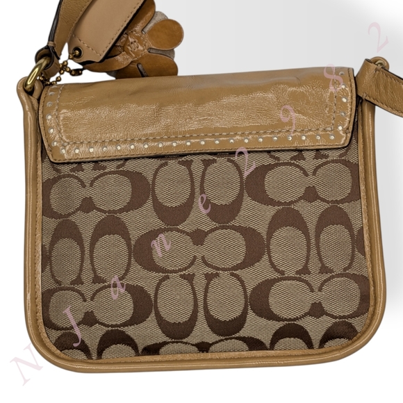 Coach Signature Bleecker Canvas Flap Crossbody Tan Patent Leather Buckle Bag - Picture 3 of 16